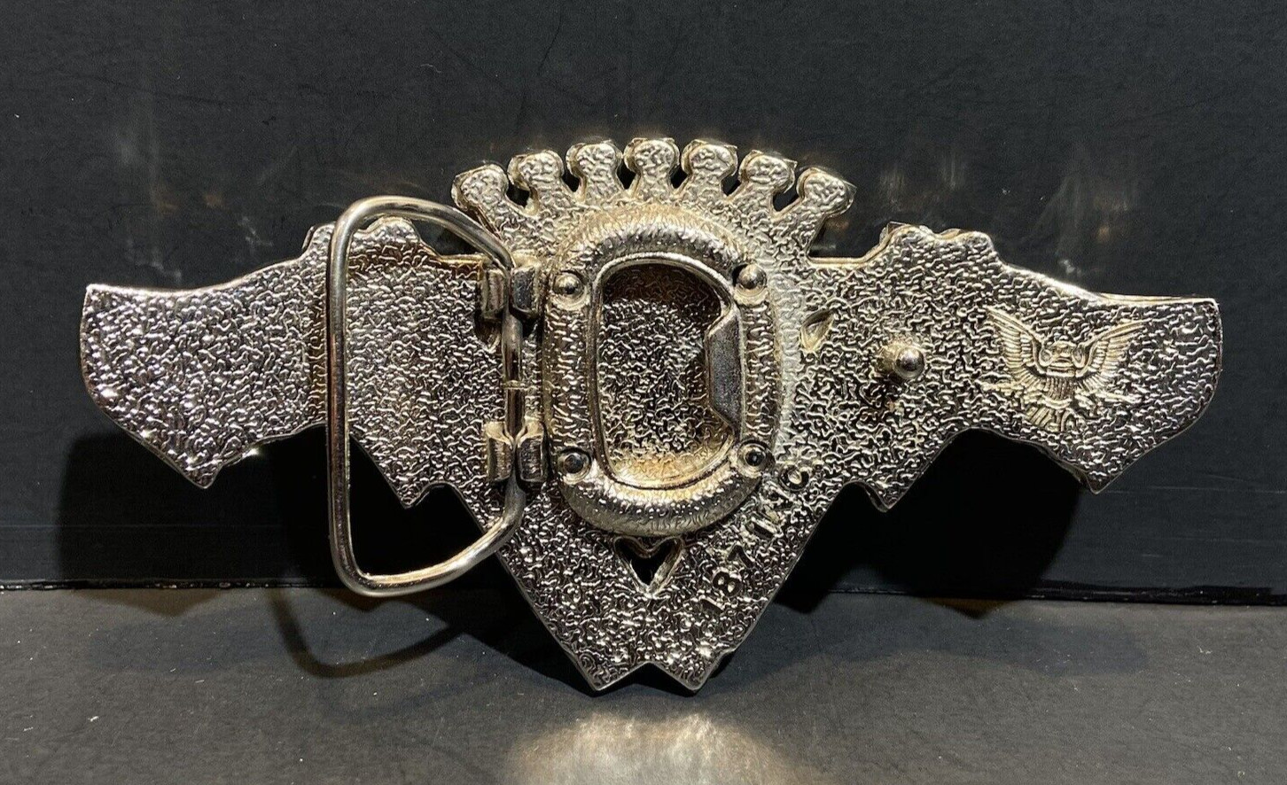 187 Inc Belt Buckle Guns Crest Emblem Black Enamel Silver Tone w/ Bottle Opener