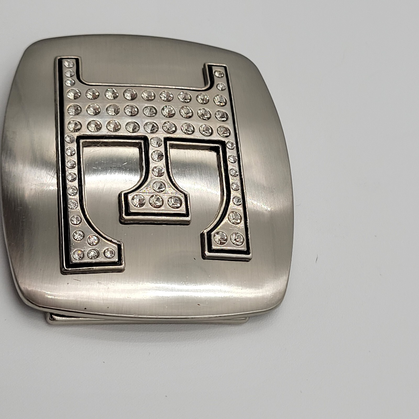 Initial E Monogram Square Belt Buckle Brushed Chrome With Rhinestones