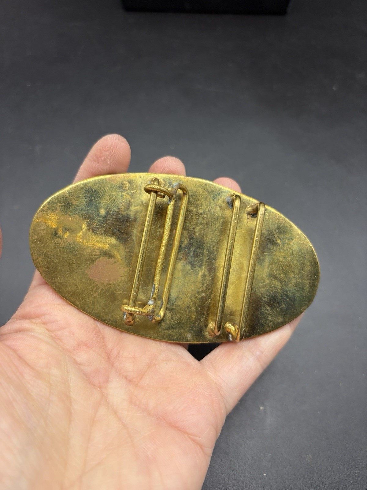 Vintage Two Tone Brass Silver Oval Belt Buckle Modernist Brutalist Western 4”L