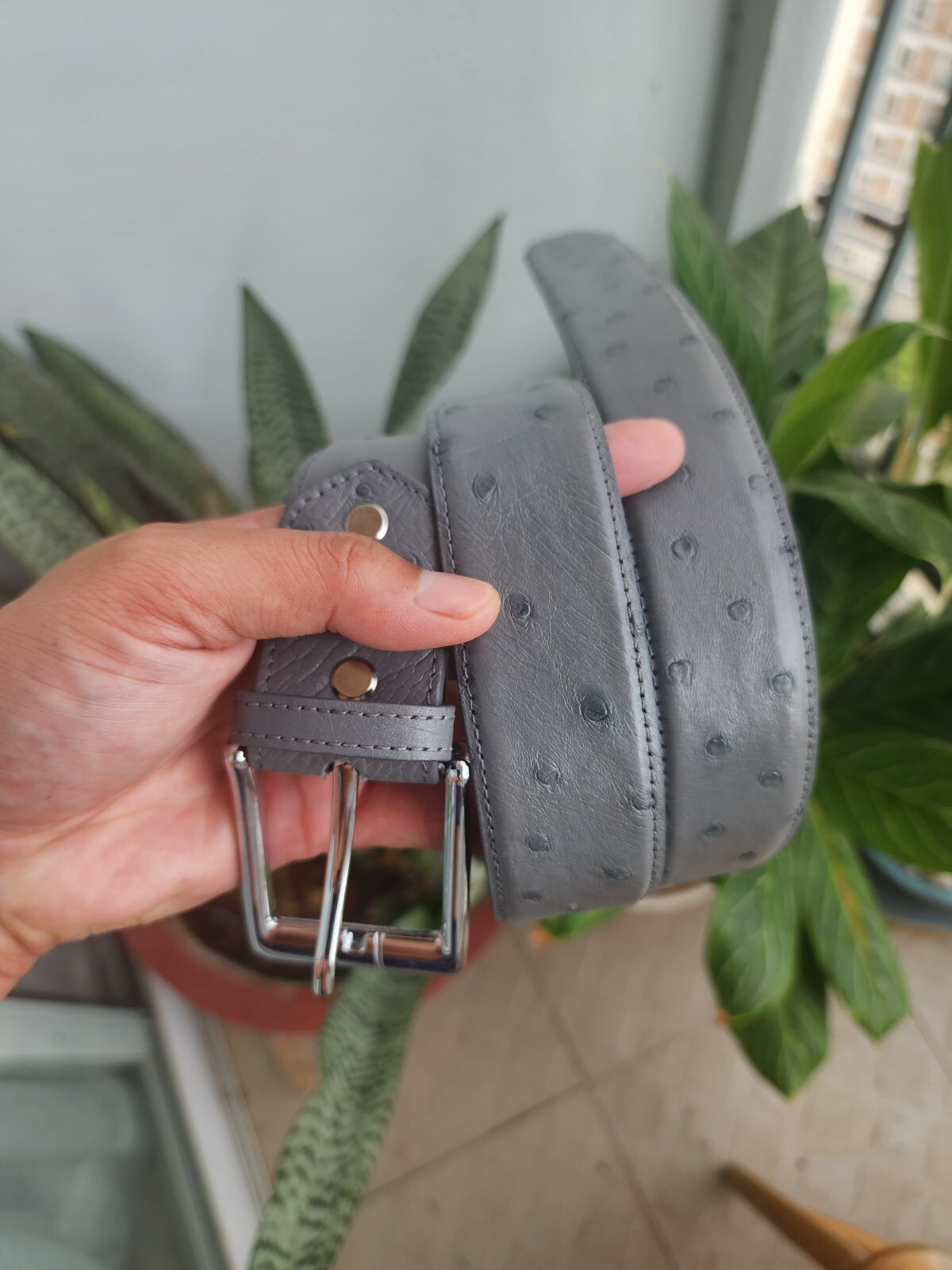 3.8CM Gray 100% Genuine Body Ostrich Leather Skin Men Belt Buckle- Handmade