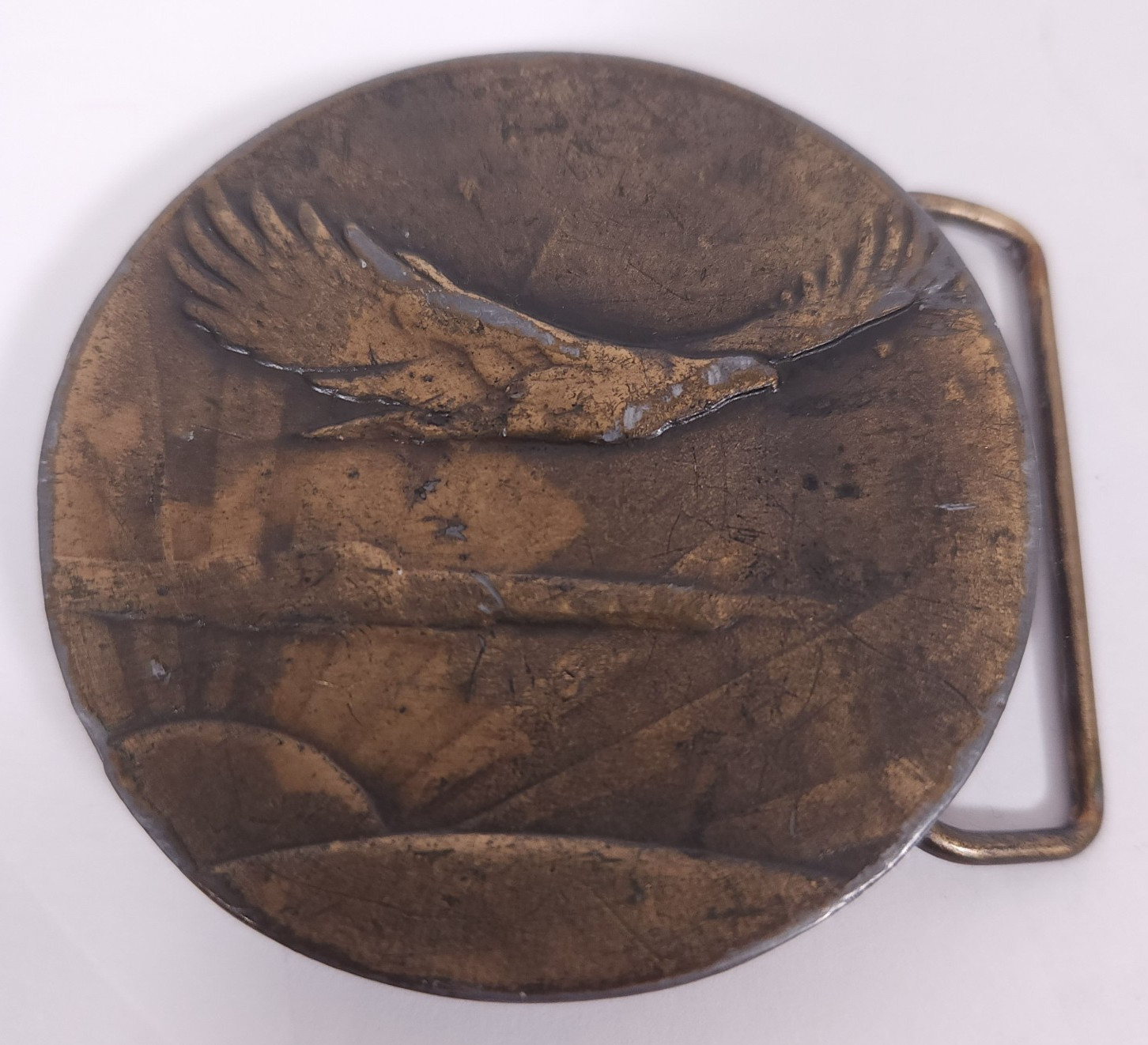 Vintage Brass Eagle Belt Buckle A-48 Round Scenic Western 3D Unmarked USA Style