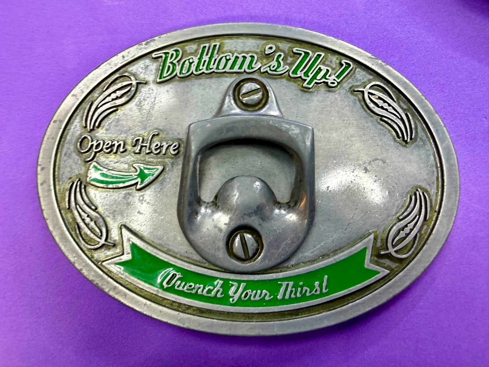 Bottom&rsquo;s Up! Open Here Quench Your Thirst Belt Buckle with Bottle Opener