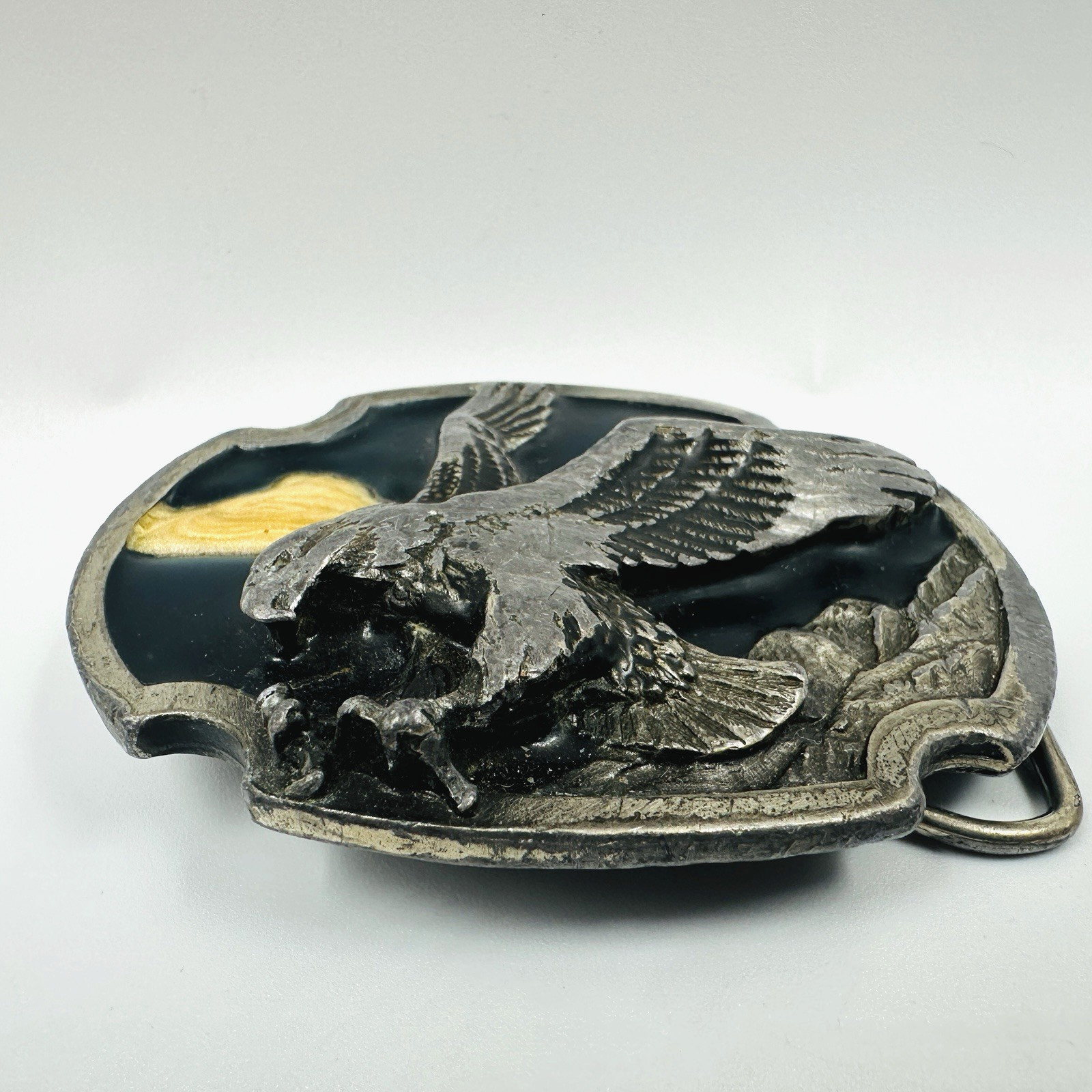 Vtg Eagle Belt Buckle Open Wing Landing Enameled, 1986 Siskiyou, Bergamot Cast