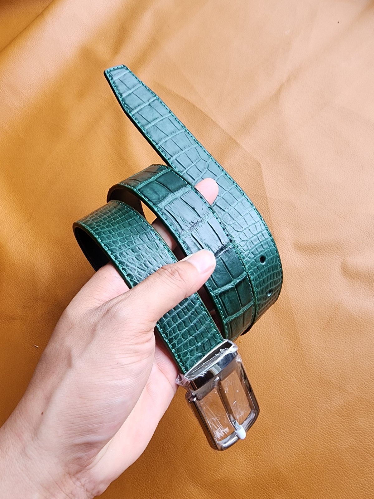 3..8CM Green 100% Genuine Leather Skin Men Silver Pin Buckle-Customize