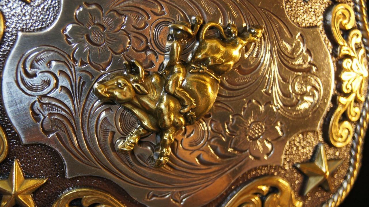 Nocona Belt Buckle BULL RIDER Gold & Silver Tone M & F Western cowboy 3798702