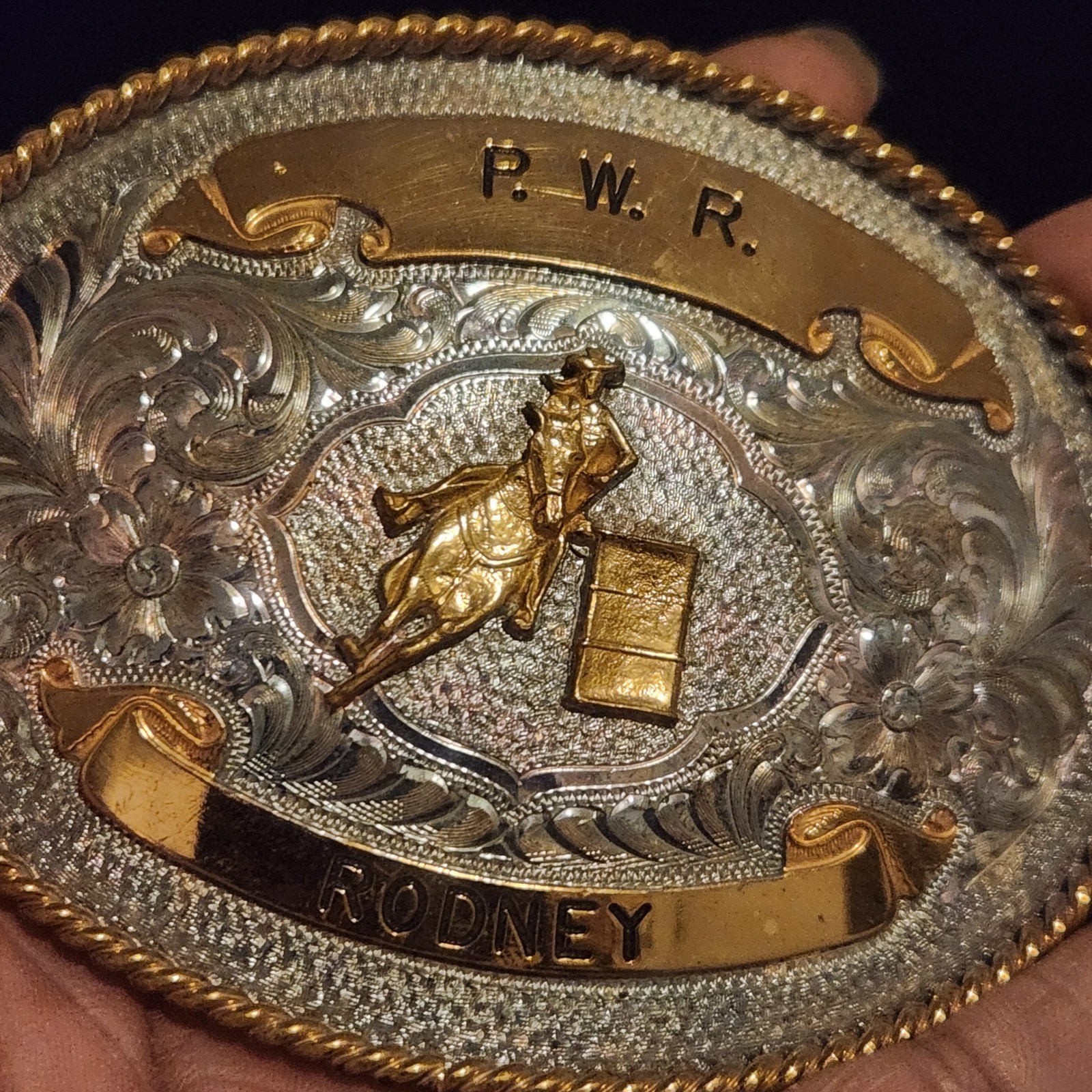 Western Barrel Racing Trophy Belt Buckle P.W.R. Rodney Two Tone Silver Gold Oval
