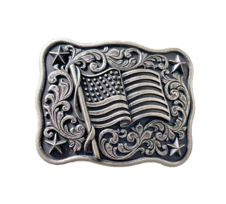 Nocona Mens Belt Buckle 3.75 x 3 in US Flag Star Western Matte Black Silver 1.5