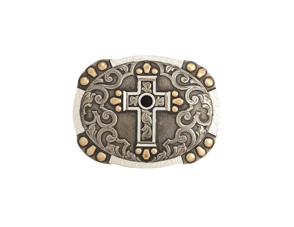 Crumrine Western Belt Buckle Cross Stone Bead Accents Silver C10021