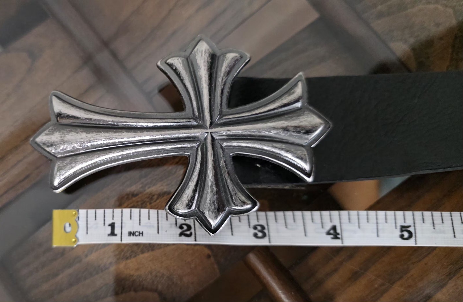Black Leather Belt Gothic Cross Buckle Biker Rock Punk Western 1.5”