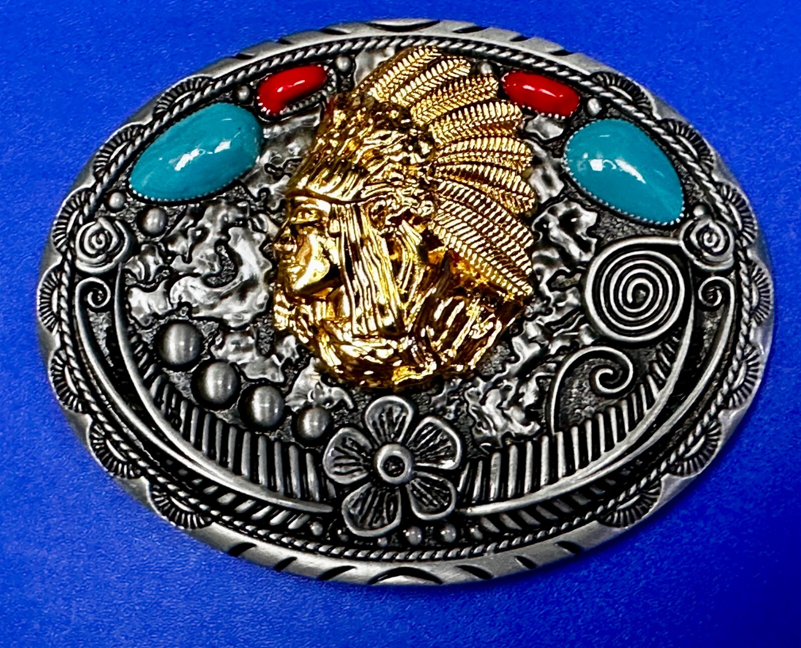 Native American Indian Chief in Head Dress Faux Turquoise & Coral Belt Buckle