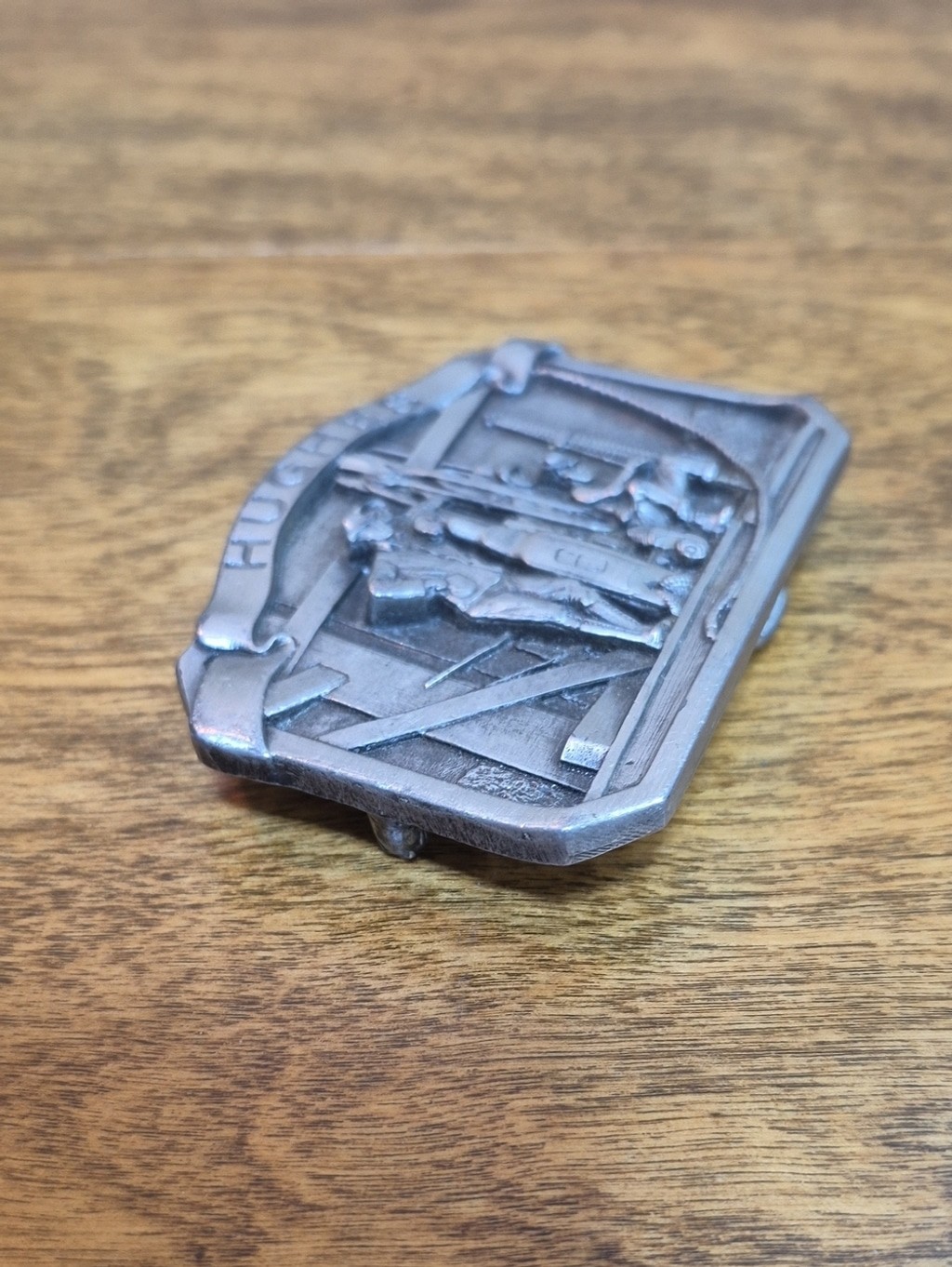 VINTAGE Pewter Hughes Oil Tool Division Belt Buckle Rock Bit Drilling Rig Detail