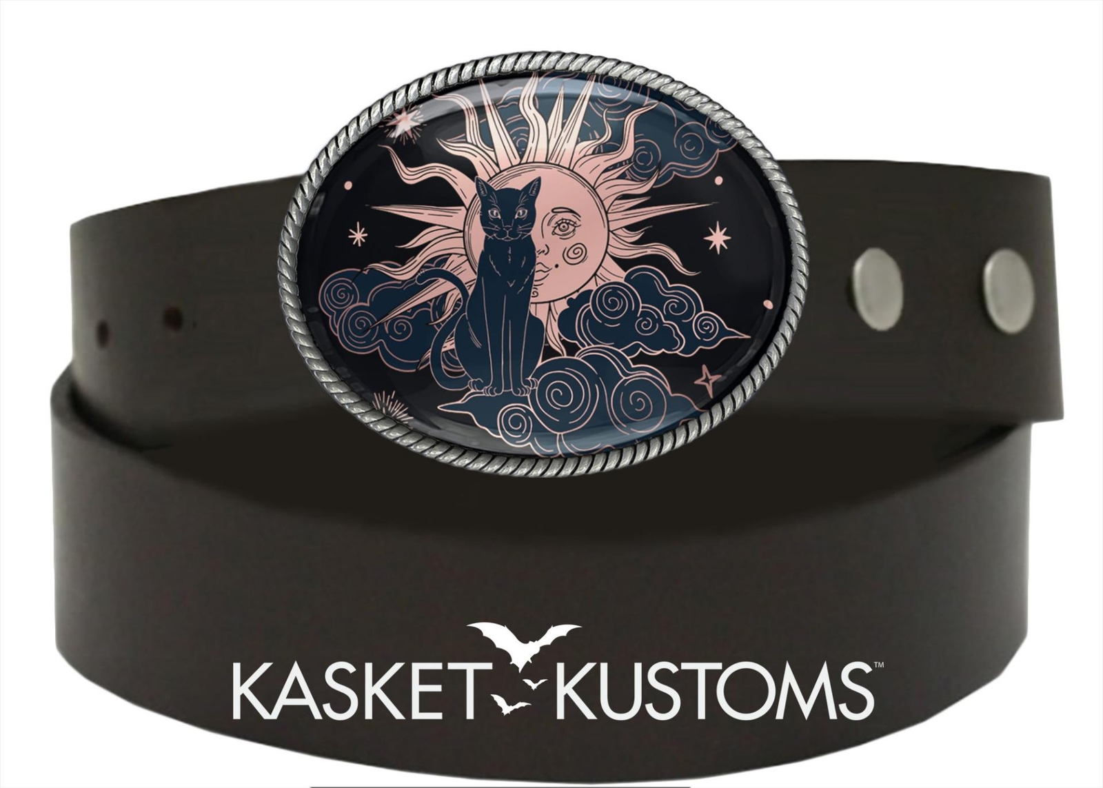 Mystic Cat Belt Buckle – Dark Celestial Sun & Stars Handmade Silver Buckle – 19