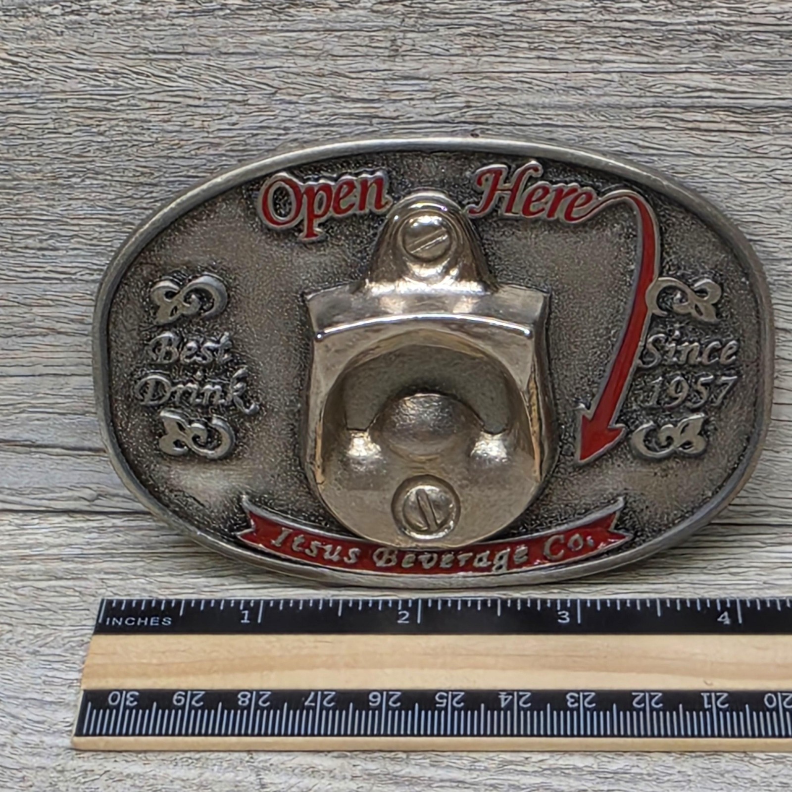 Jesus Beverage Co Belt Buckle Mens Silver Western Bottle Opener Logo Novelty