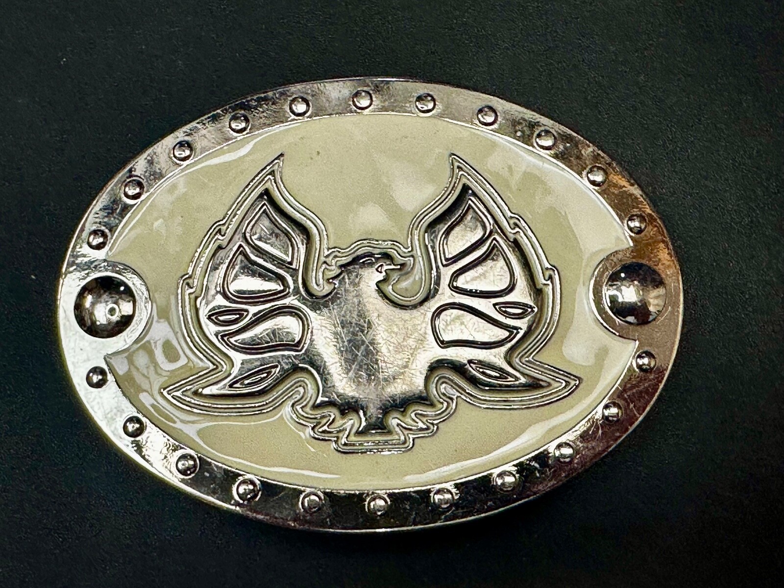 Thunderbird Eagle? Cream Color Enamel Studded Oval Silver Tone Belt Buckle