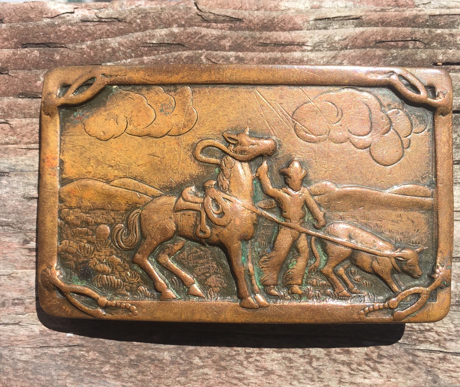 vintage Copper Belt Buckle western cowboy horse calf roping rodeo