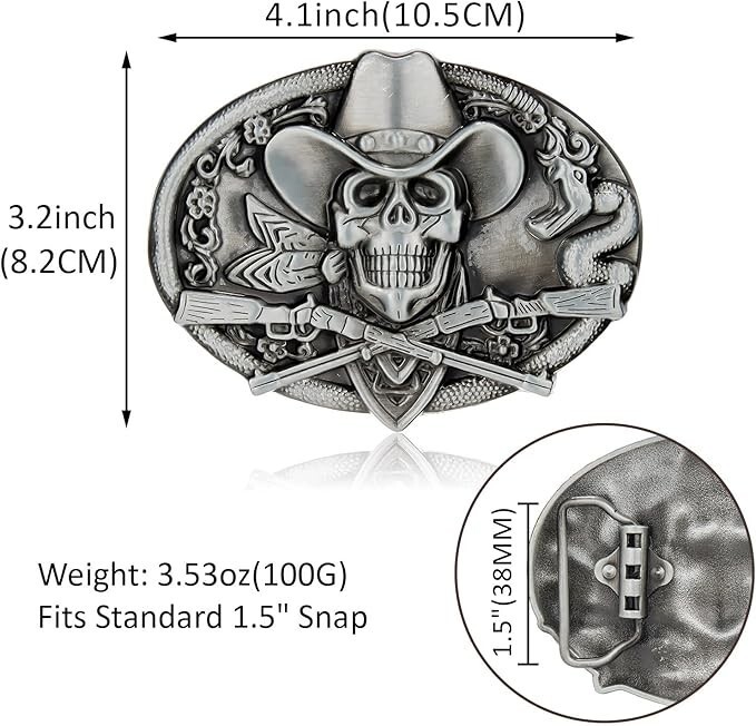 Cowboy Skull Belt Buckle Western Gothic Biker Style Snake Guns Rodeo Punk
