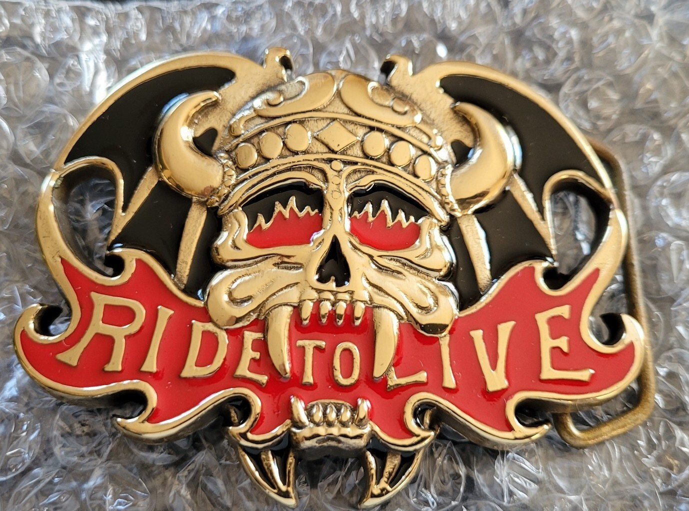 RIDE TO LIVE MOTORCYCLE CHOPPER BIKER SKULL CROWN FANGS SOLID BRASS BELT BUCKLE