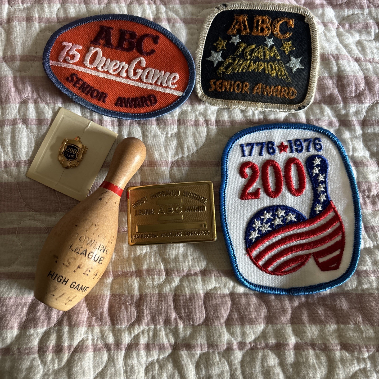 Vintage lot ABC Bowling League Award Brass Belt Buckle RARE, pin patches