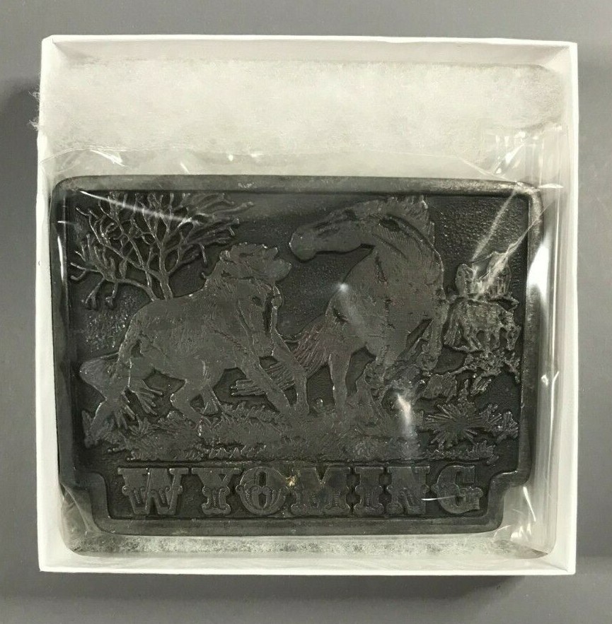 Vintage 1975 WYOMING w/ Horses Dezy Pewter Tone Belt Buckle