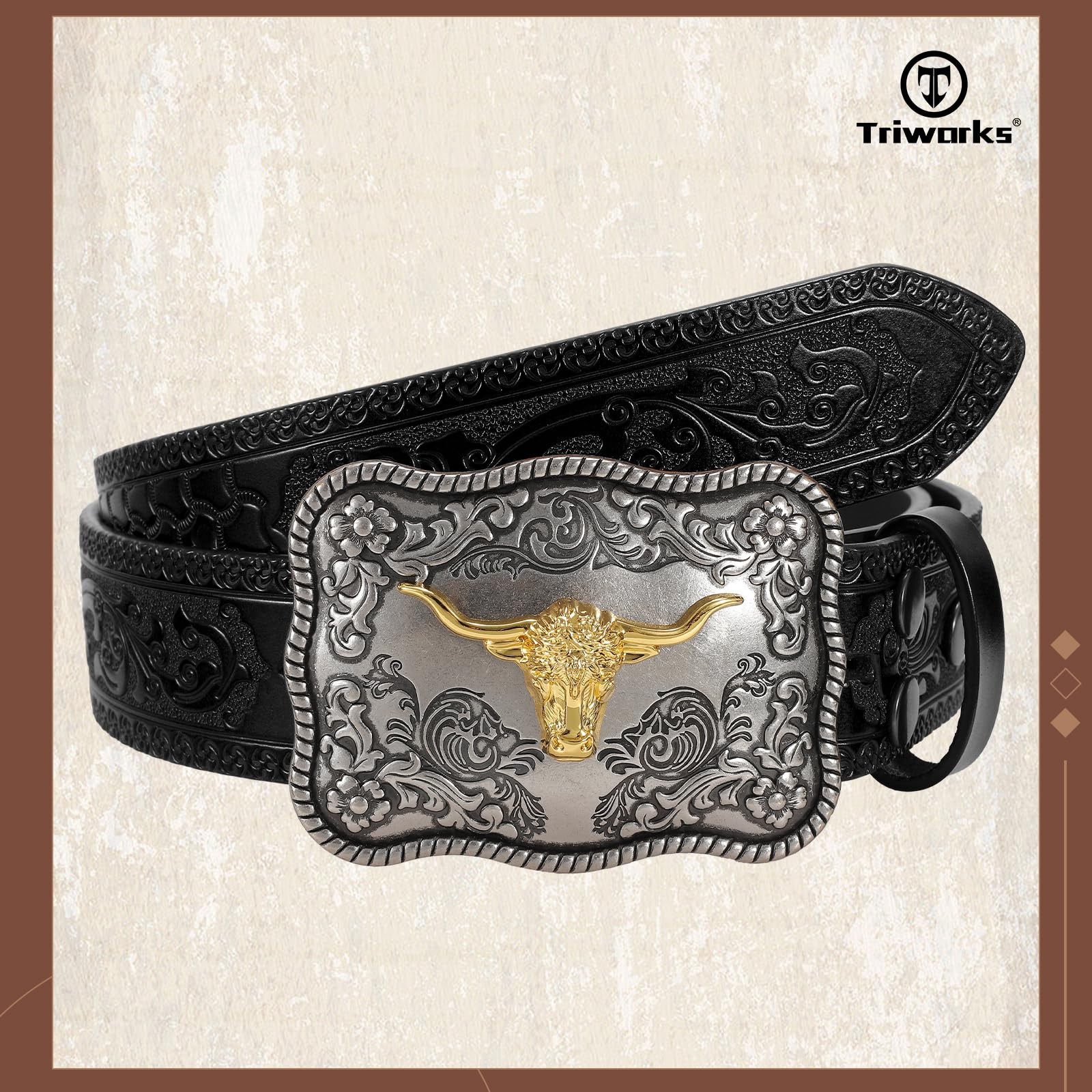 TRIWORKS Western Buckle Belts for Men, Mens Cowboy Fit Size 29&Prime;-33&Prime;, A-black