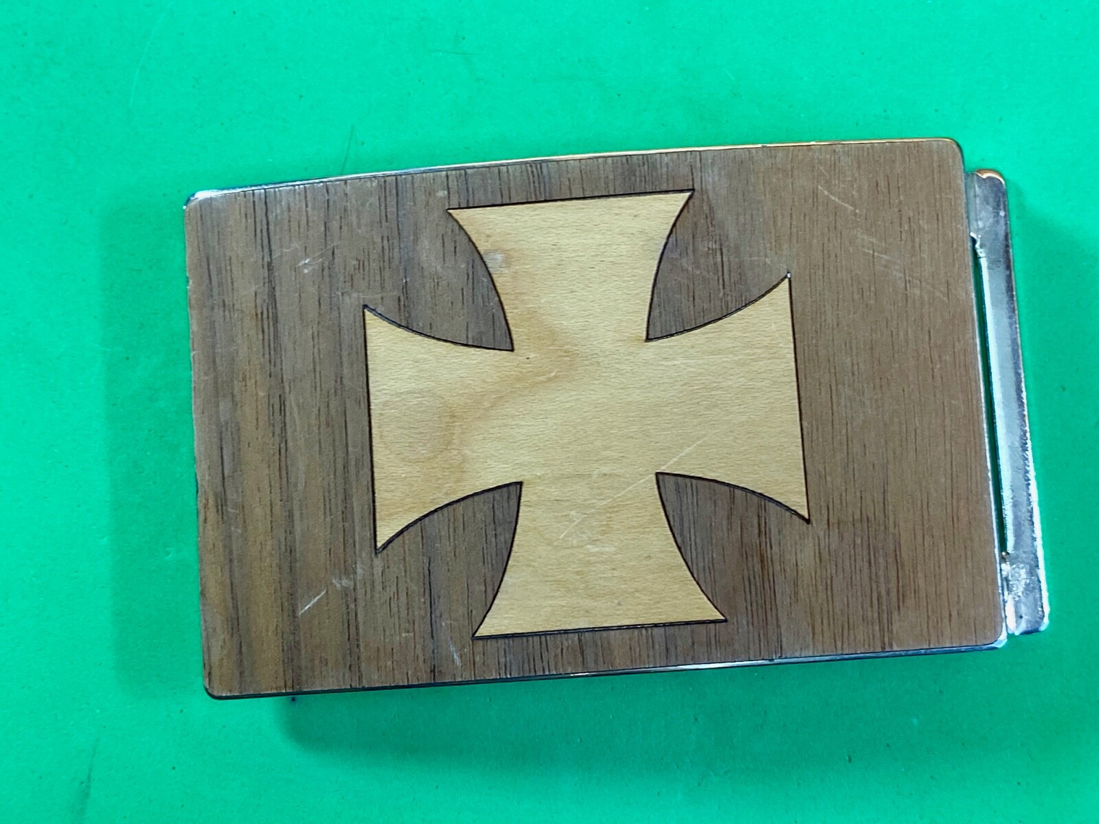 Mixed Wood Grain Inlaid Iron Cross Vintage Belt Buckle