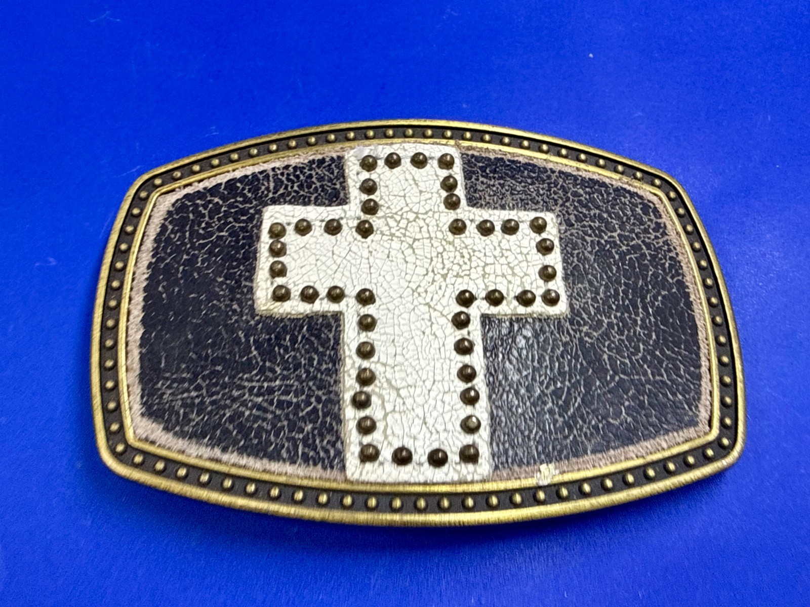 Metallic Theme Religious Cross Studded Design on White Faux Leather Belt Buckle