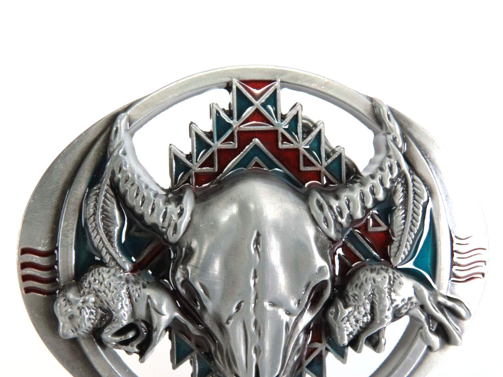 New Raised Steer Skull Belt Buckle Enameled South Western Metal Pewter Tone