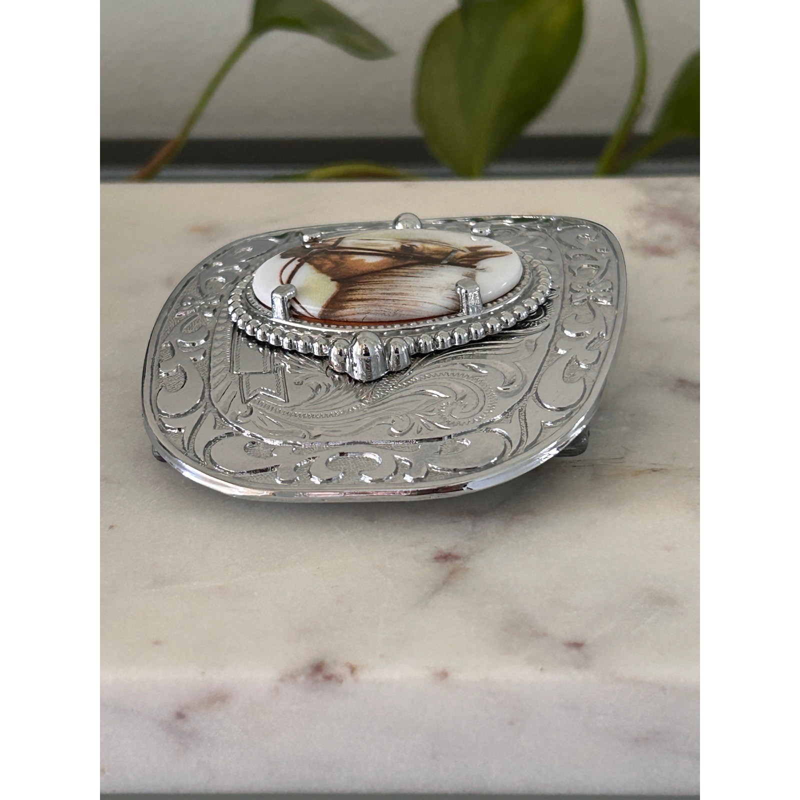 Vintage Western Horse Belt Buckle Silver Tone Engraved Floral Equestrian Oval