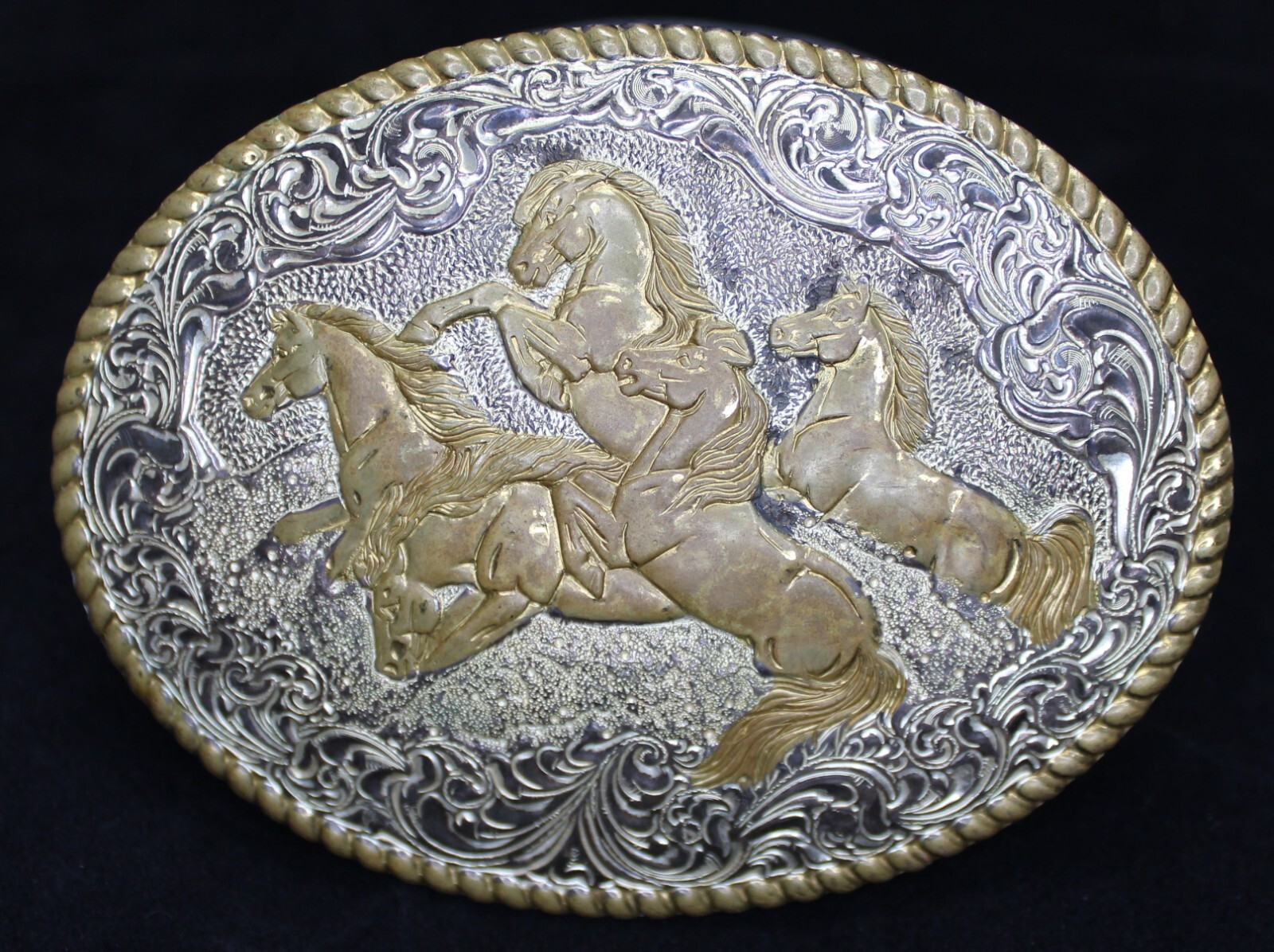 Crumrine Wild Horses Oval Western Belt Buckle Metal Gold Silver