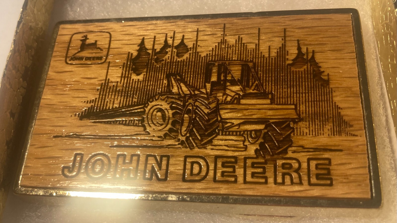 Vintage 1985 Metal Belt Buckle, Brass and Wood, John Deere, Tractor, Farming, Fa