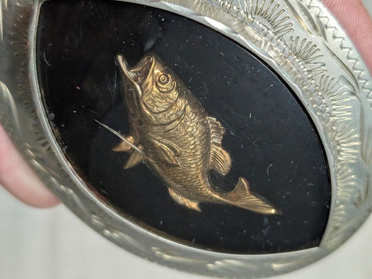 vintage HANDCRAFTED belt buckle FISHING western jewelry BASS german silver