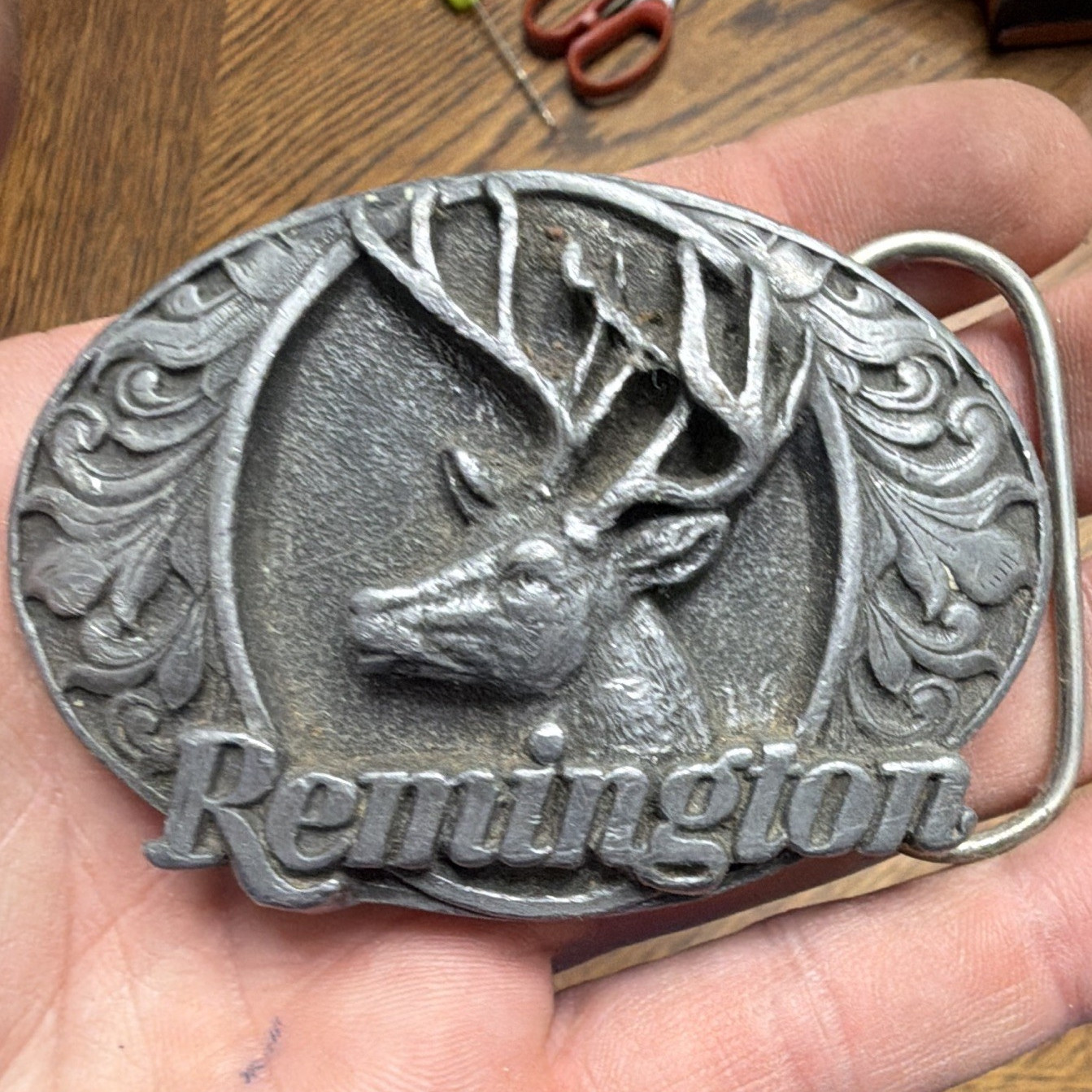 Remington Deer Hunting Western Belt Buckle Silver Metal 1.5in Fit Vintage 1994