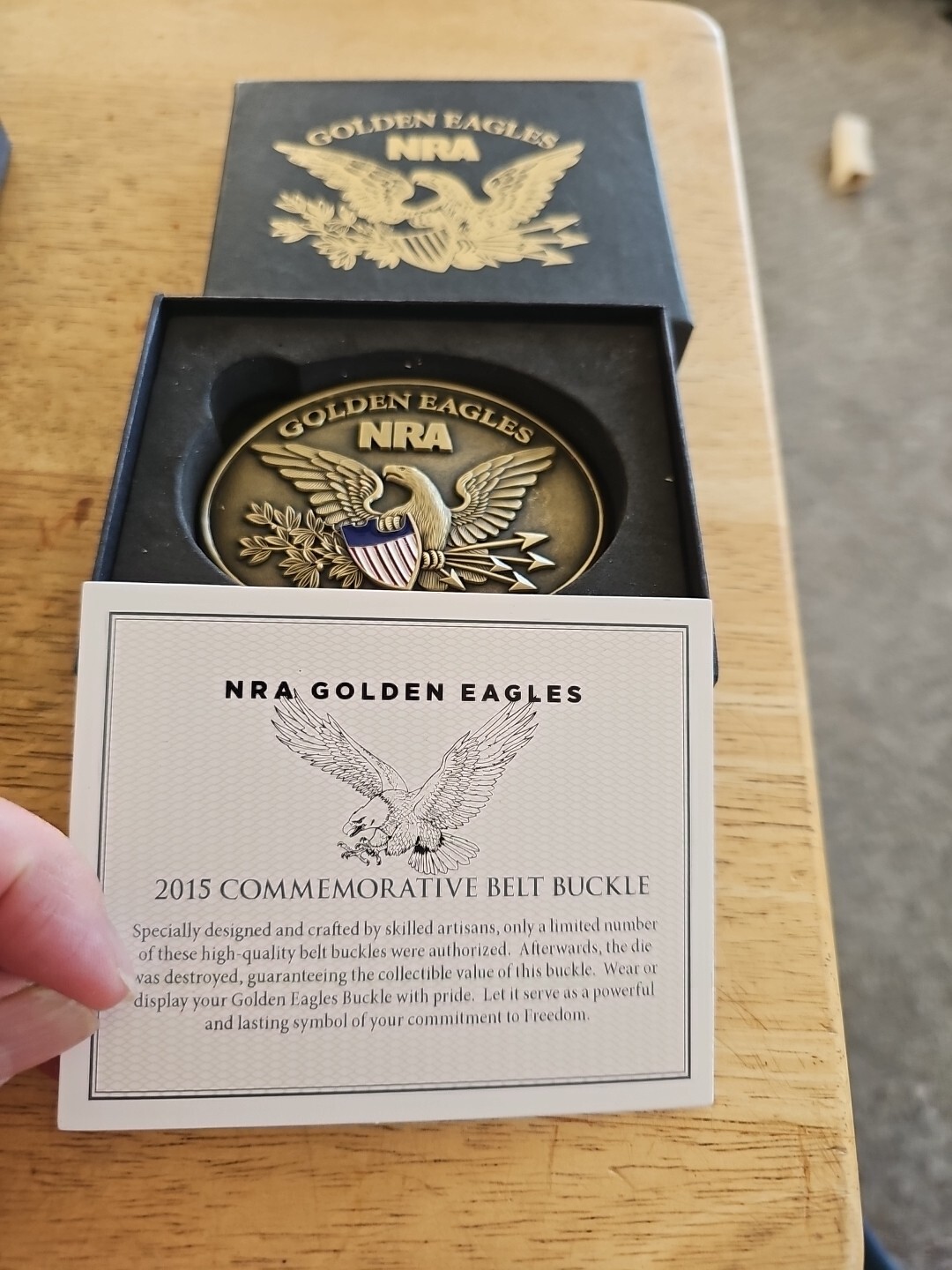 NIB NRA GOLDEN EAGLES 2015 COMMEMORATIVE LIMITED EDITION BELT BUCKLE NEVER USED
