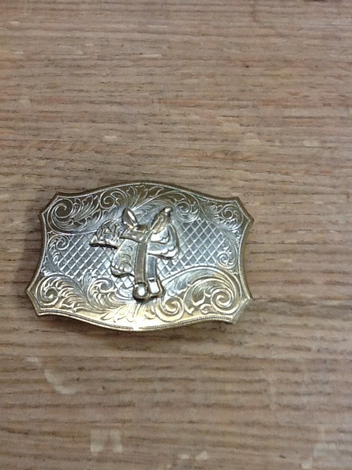 Vintage Western Horse Saddle Belt Buckle Solid Brass Engraved Floral Gold Tone