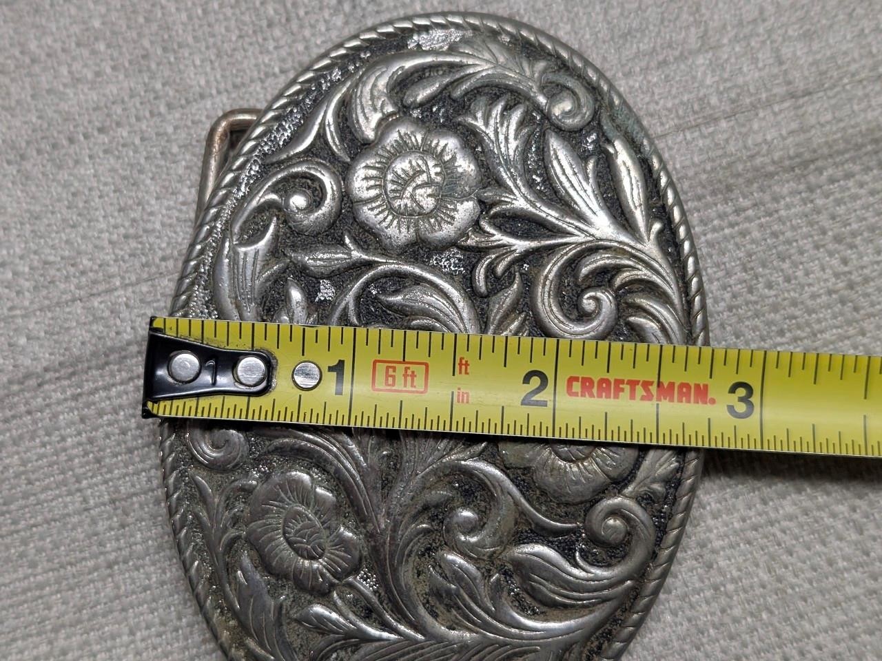 vintage ENGRAVED belt buckle WESTERN metal FLORAL cowboy rodeo