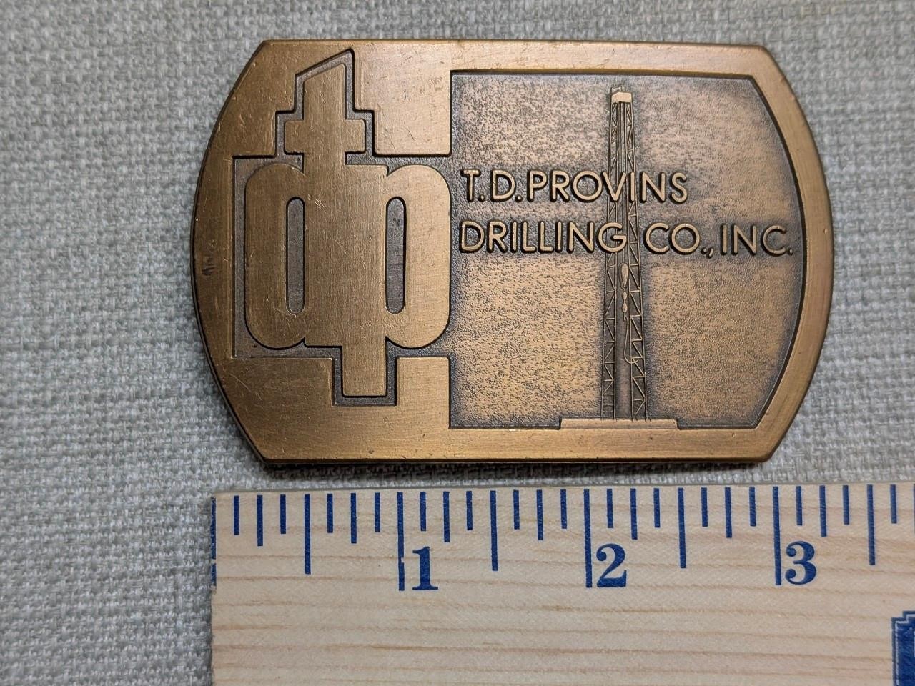 vintage 1970s belt buckle OIL DRILLING td provins BRASS bronze WESTERN cowboy