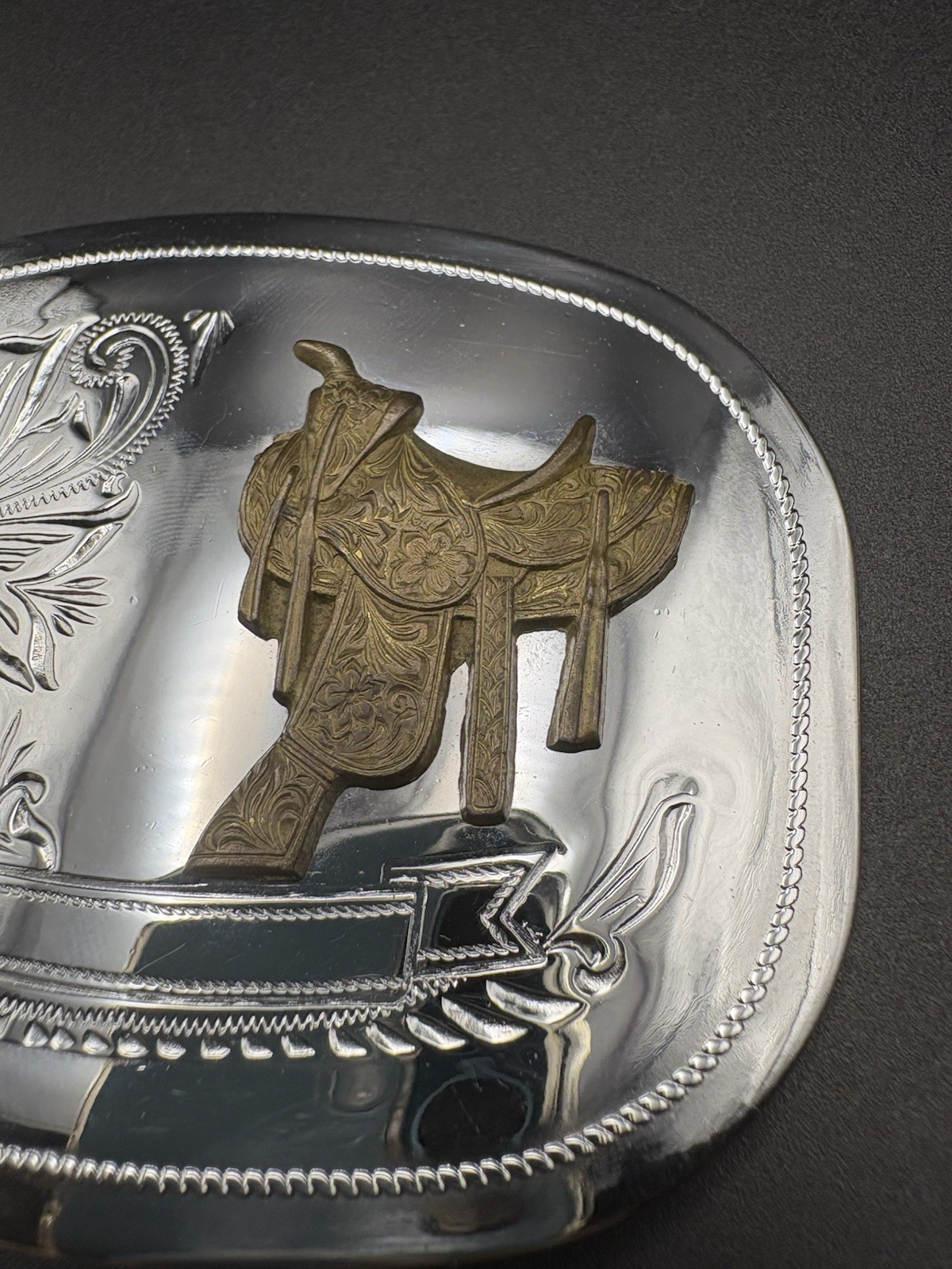 Silver Tone Engraved Western Cowboy Belt Buckle With 3D Bronze Tone Saddle