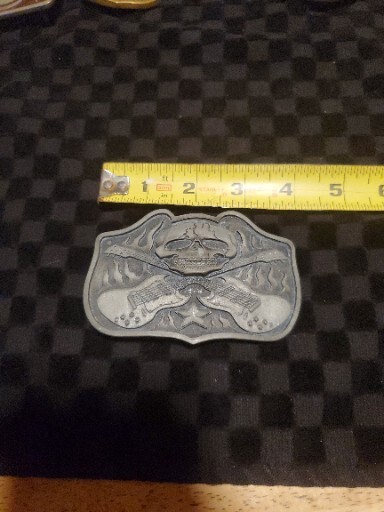 Skull and Flaming Guitars Belt Buckle