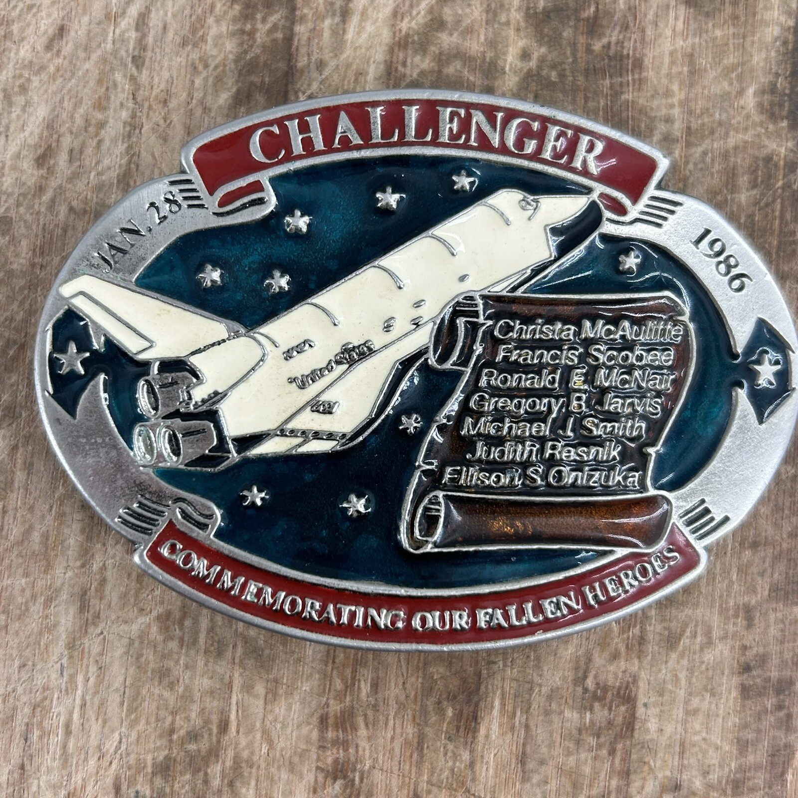 Vintage NASA Space Shuttle CHALLENGER Jan 28 1986 Commemorative Belt Buckle 2349