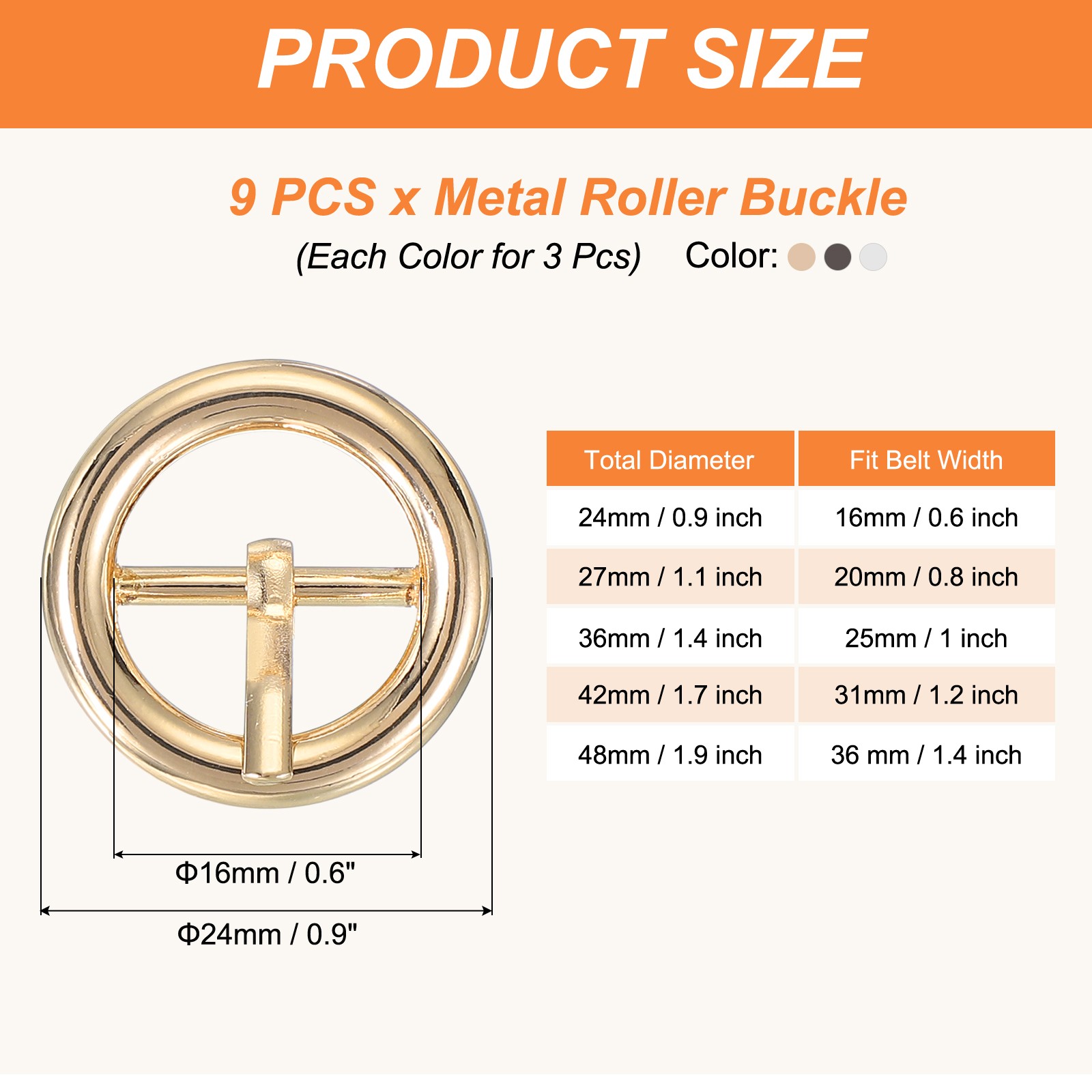 9Pcs 0.6&Prime; Single Prong Belt Buckle Metal Roller Buckle Black/Silver/Light Gold