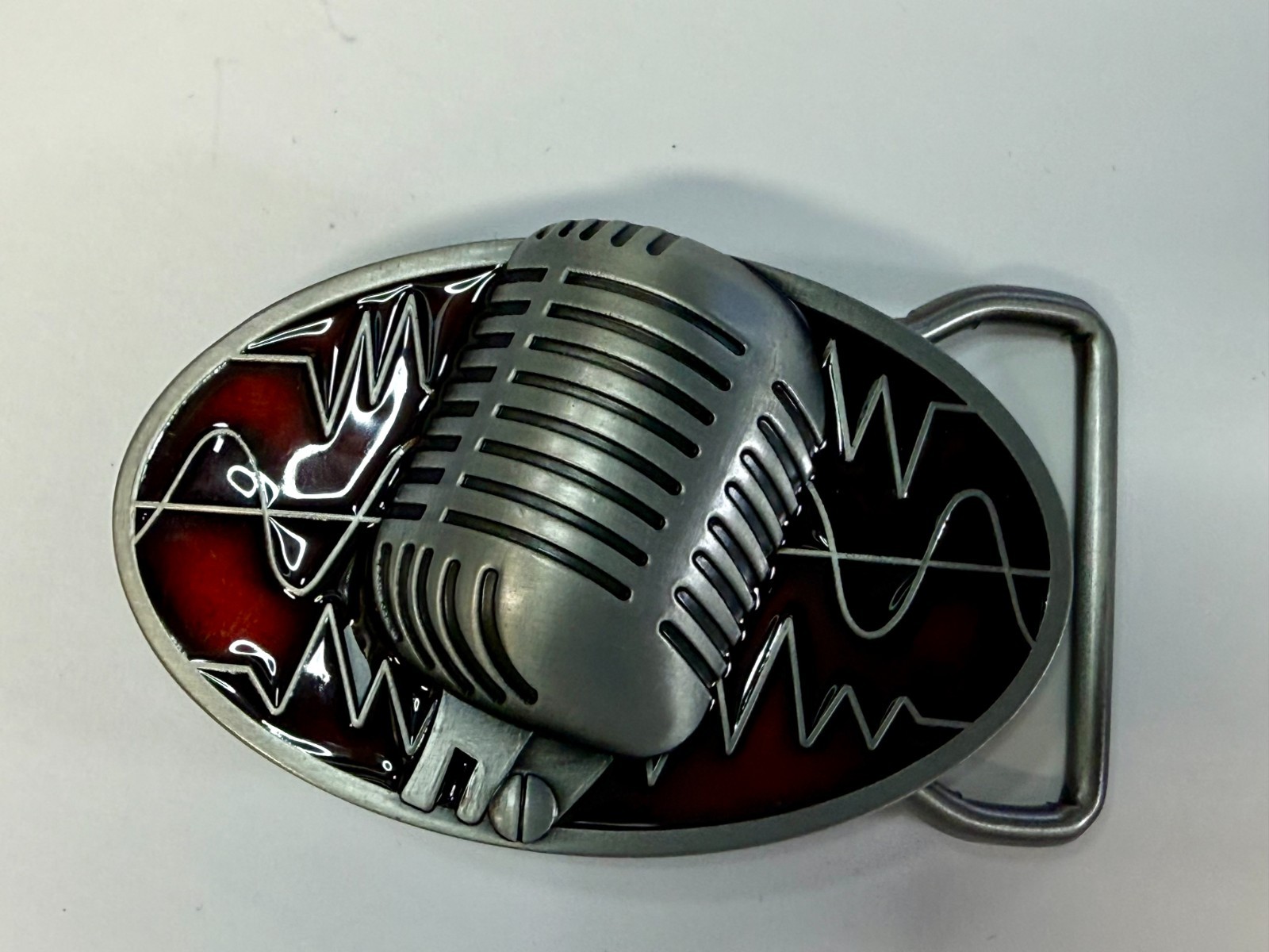 Retro Music Elvis Style Microphone Red Enameled Musician Ribbon Mic Belt Buckle