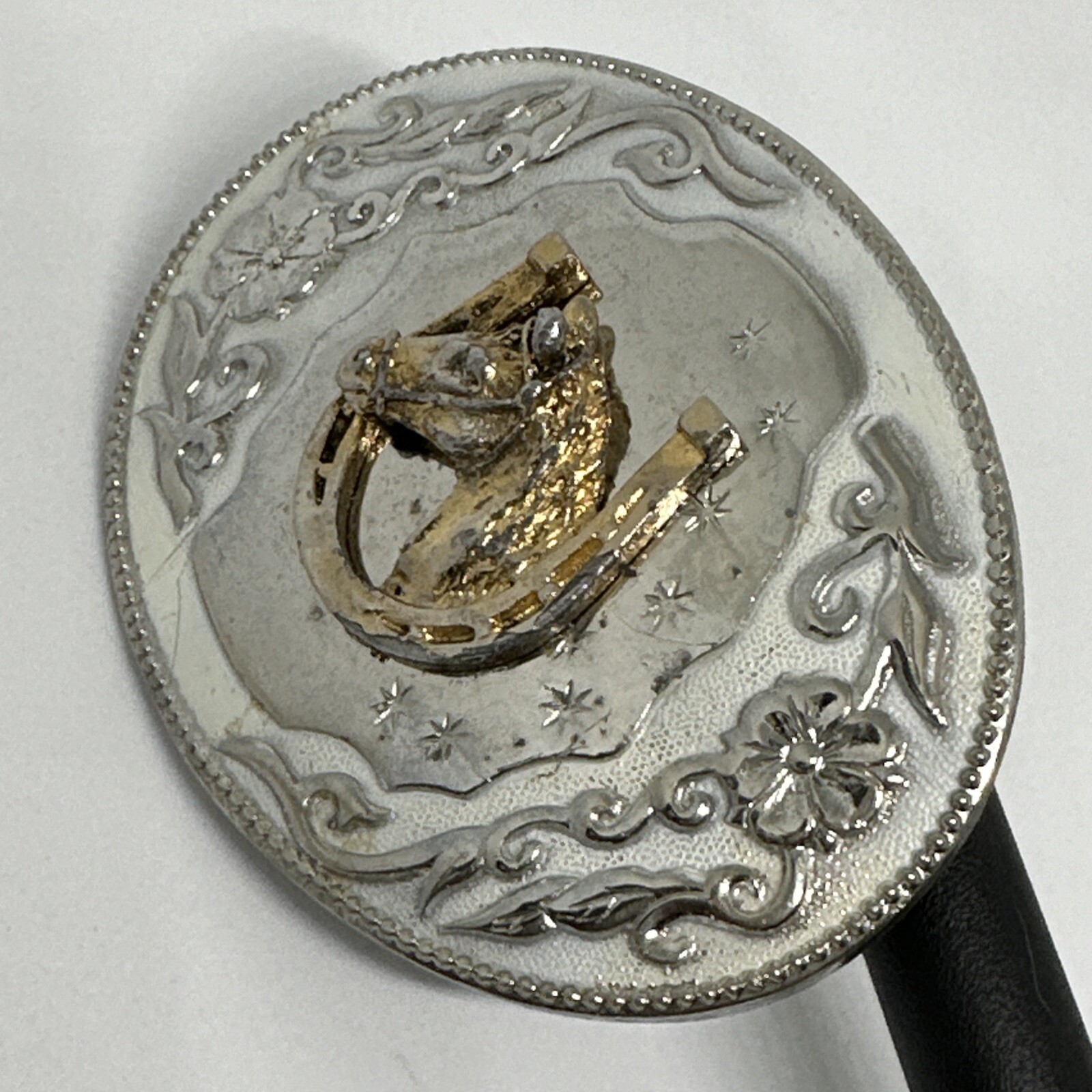 Vintage Horse Head In Horseshoe Western Belt Buckle Hibiscus Amapola FlowerVine