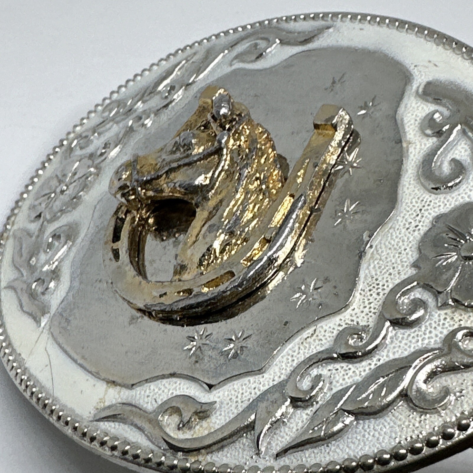 Vintage Horse Head In Horseshoe Western Belt Buckle Hibiscus Amapola FlowerVine