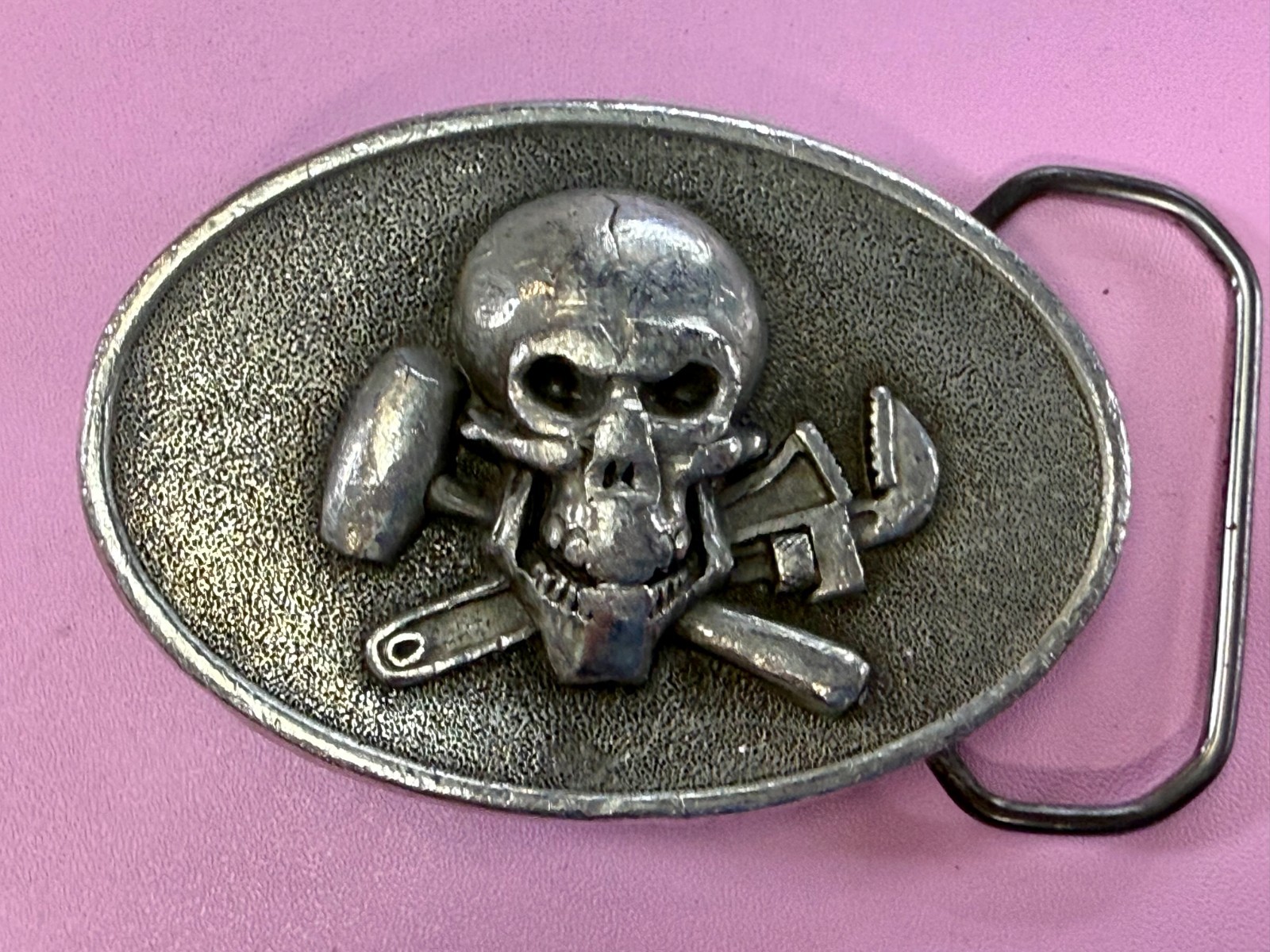 Mechanic Skull Crossed Wrench Hammer Tool Solid Fine Pewter Belt Buckle