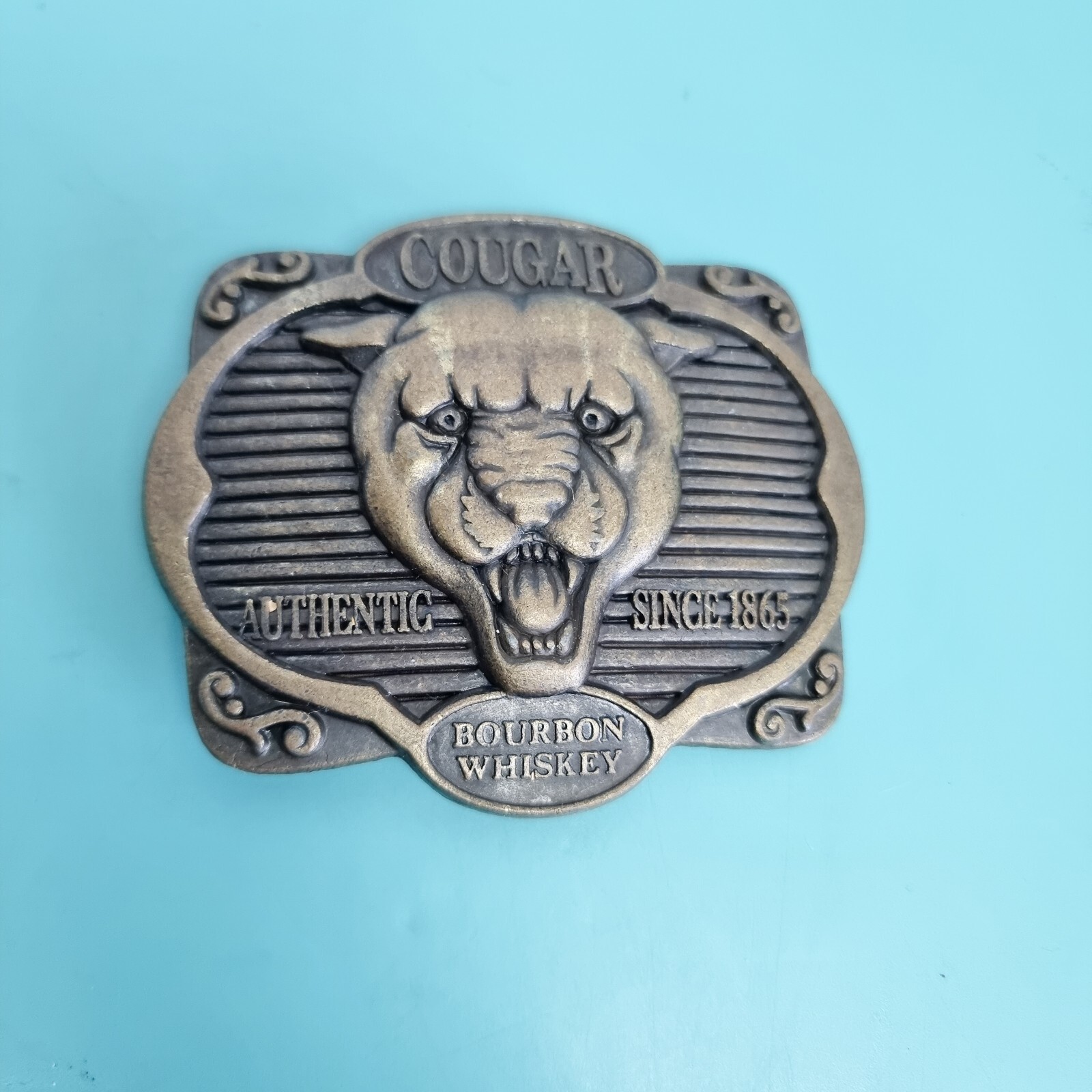 Cougar Bourbon Belt Buckle Whiskey Metal Alcohol Promo Vintage Antique Bronze