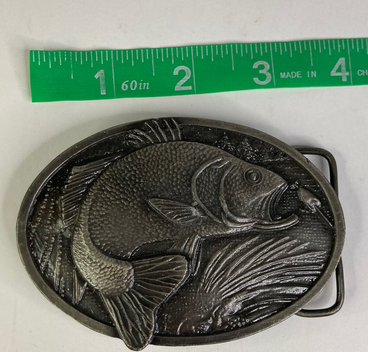 Vintage 1977 “Bass Fish on Fishing Pole” Bergamot Brass Works 3D Belt Buckle