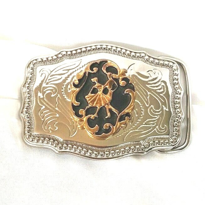 Belt Buckle Dancing Couple Made in the USA Embossed Black/Silver/Gold tone