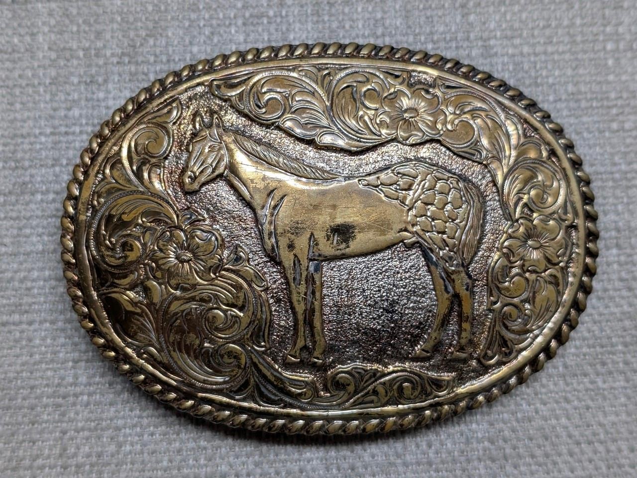 vintage CRUMRINE belt buckle BRONZE engraved HORSE floral WESTERN cowboy