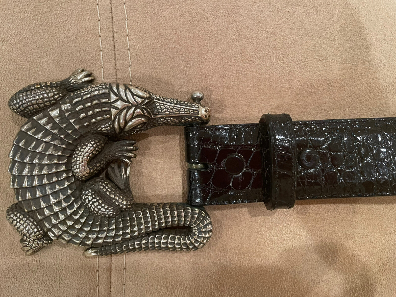 HUGE! Kieselstein-Cord Sterling Alligator Buckle And Black Alligator Belt Size 2