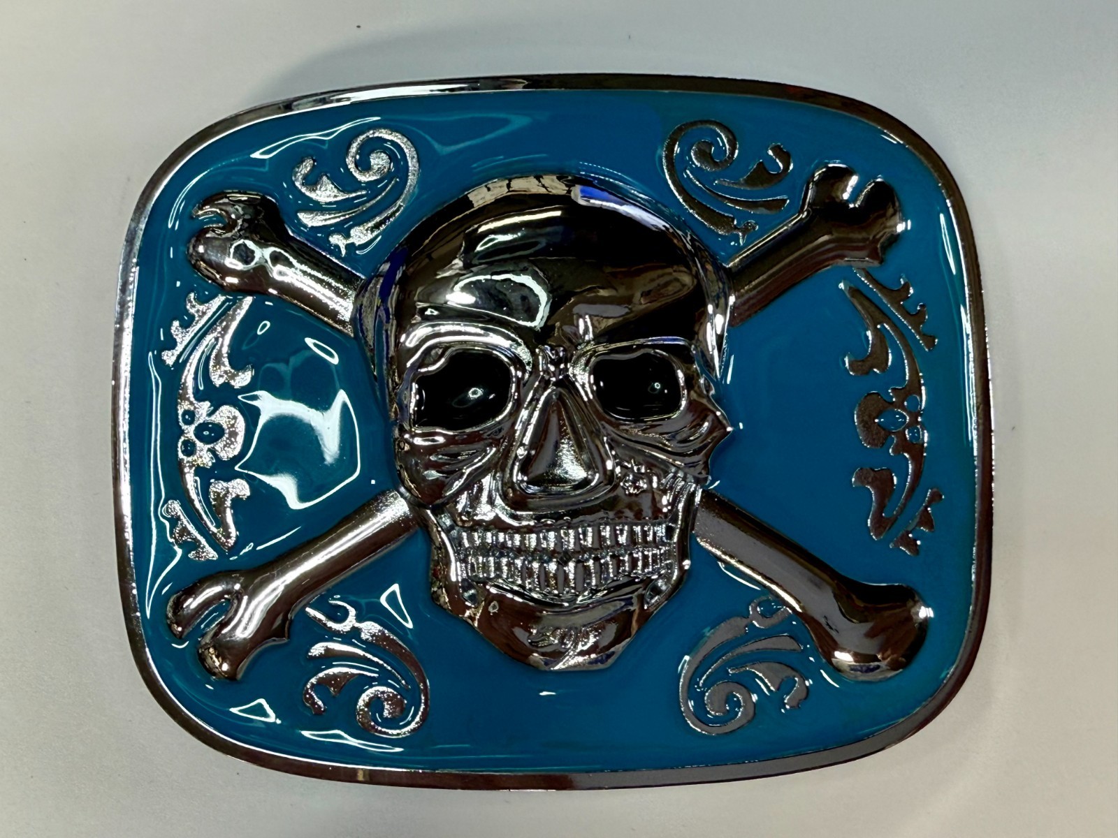Jolly Roger Pirate Skull Head & Crossbones Blue Enamel Colored New Belt Buckle